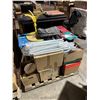 Image 1 : Pallet of misc items including - office supplies, backpack, dim sum tray, yellow side table, kids ta