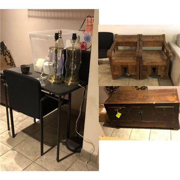 Large group of misc. - includes wooden chairs/office chairs / Uline 6 tier industrial shelf / antiqu