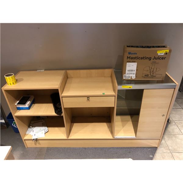 Wooden storage cabinet/showcase - approx 6ft W x 18" L x 38" H