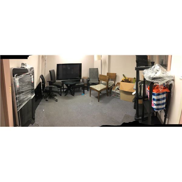 Room lot full of assorted misc items - includes Sharp 55" LED TV (55K324UWG) / office & dining chair