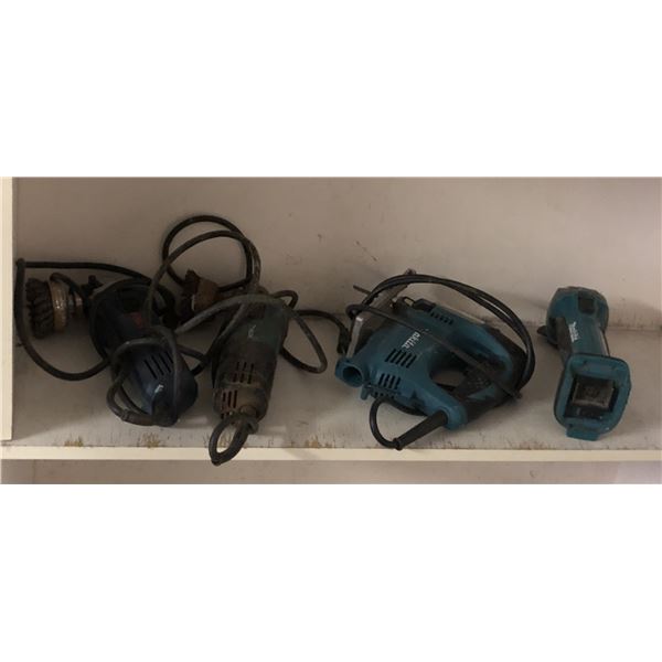 Group of assorted tools - includes Makita jigsaw / Makita disc grinder & 2 angle grinders /