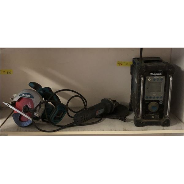 Group of assorted tools - includes Makita bmr100 jobsite radio / Makita BSS610 6-1/2" Cordless Circu