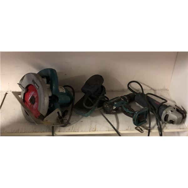 Group of assorted tools - includes circular saw / Makita drill driver / Bosch belt sander etc