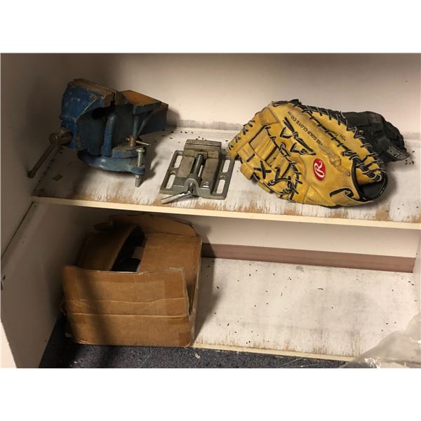 Group of assorted items - includes bench vice / baseball gloves / drill press vice etc