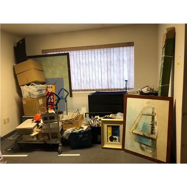 Large group of assorted items - includes 4 drawer dresser / paintings / printer cables / IKEA utilit