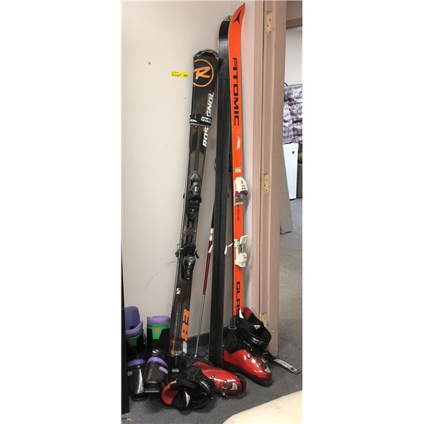 Group of assorted skiing equipment - includes Lange & Salomon ski boots & Rossignol 83 skis etc