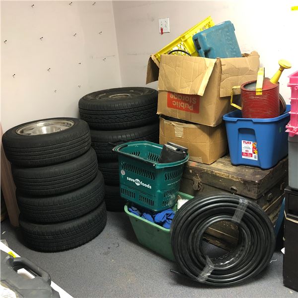 Large group of assorted misc items - includes 8 tires / wooden chestbox / car engine fluids etc