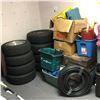 Image 1 : Large group of assorted misc items - includes 8 tires / wooden chestbox / car engine fluids etc