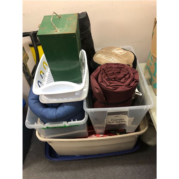 Group of assorted items - includes double action hand pump / Coleman lantern case / sleeping bags et