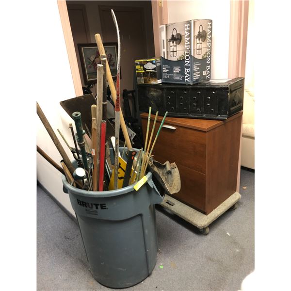 Large group of assorted tools / filing cabinet / ramp & outdoor lights (4 wheel cart not included)