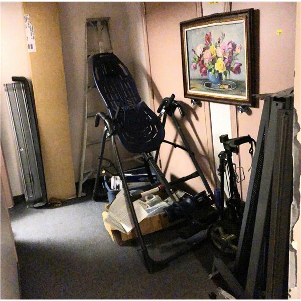 Large group of misc - includes racks / golf cart / tree ladder / EP-560 inversion table etc