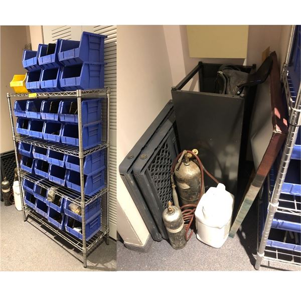 Rack of blue plastic storage stackable bins & misc