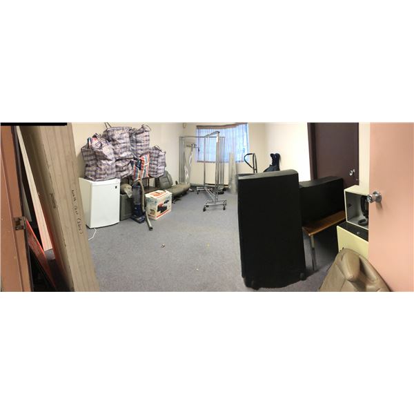 Room lot of misc - Miele vacuum / RCA mini fridge / clothing racks / baseball gear / golf gloves / N