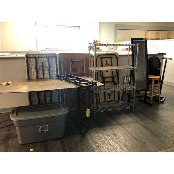 Large group of misc - includes large metal table / 4-tier uline shelf / mirror / folding table etc
