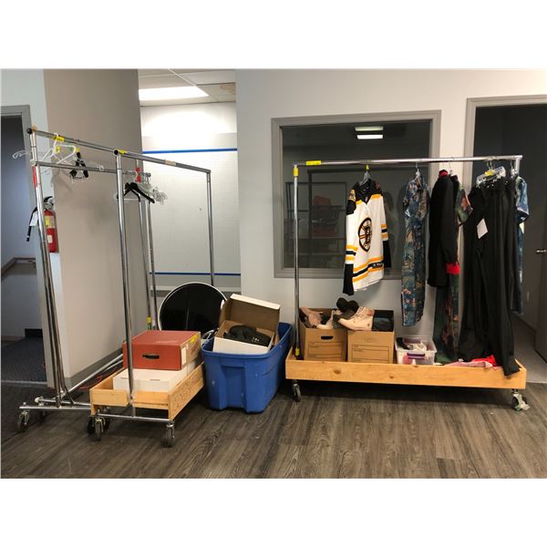 Large group of misc - includes Dayton boots / Boston Bruins jersey Japanese kimono / clothing racks 