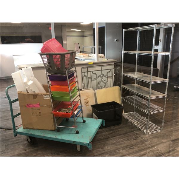 Large group of misc - includes 6-tier Uline shelf / rolling shelf / tote bins / folding tables etc