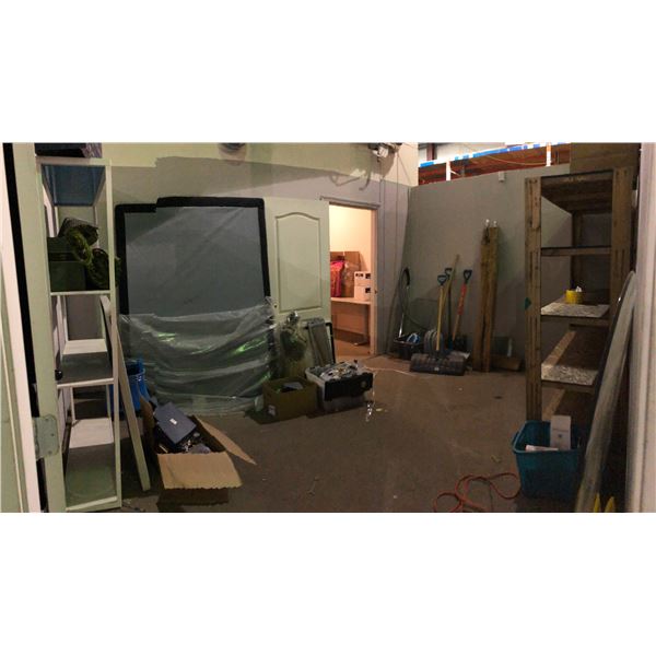 Full room - includes 2 shelves/shovels/stationnary/box spring queen/Bisselle vacuum/etc.