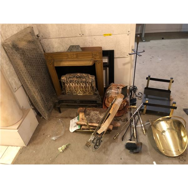 Group of fireplace accessories - includes brass log holder/fireplace tools set/fireplace mantel/etc.