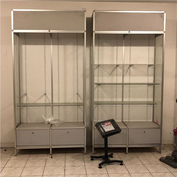 Group of 3 storage furnitures - includes 2 metal shelves (approx. 4ft x 18" x 97") /1 wooden book ca