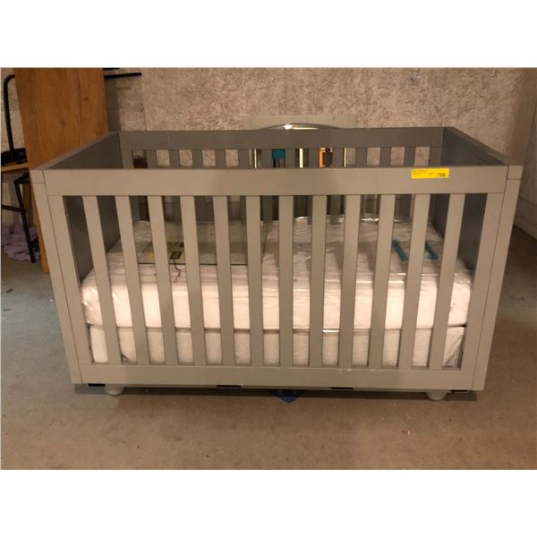 Modern grey baby crib w/ new mattress (plastic bag) - approx. 55" x 29 1/2" x 34"