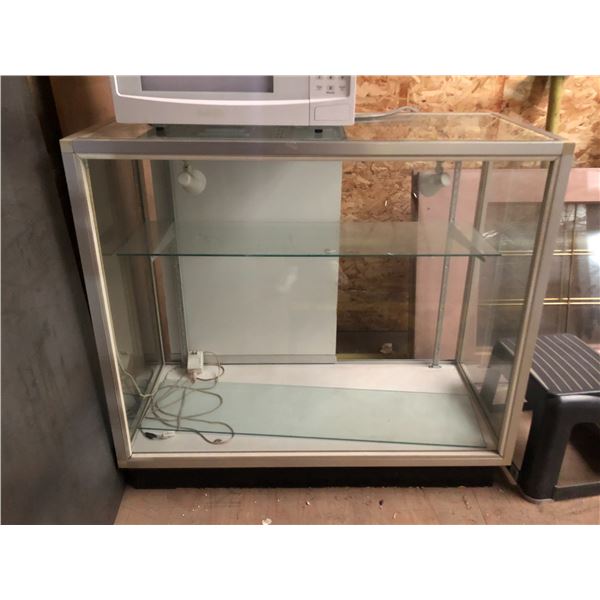 Modern glass display cabinet w/ 2 glass shelves - approx. 42" x 20" x 38" (not tested)