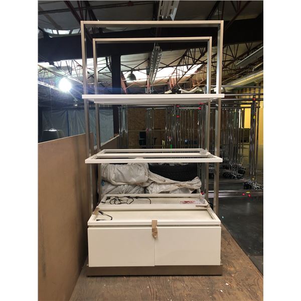 High-end modern white organizer display shelf w/ 2 drawers & neons - approx. 46" x 16" x 86" (not te