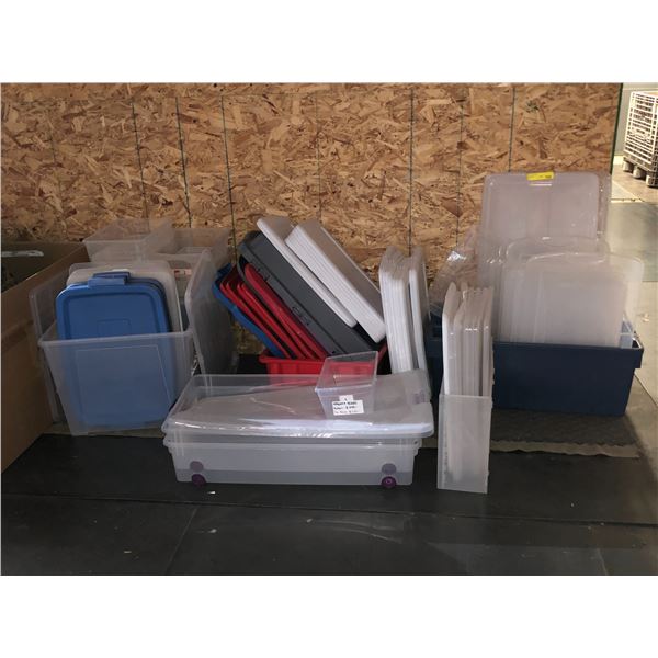 Large group of empty plastic bins w/lids - misc. sizes & colors