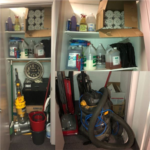 Large group of assorted cleaning supplies & misc - includes Sanitaire carpet vacuum / shop vac