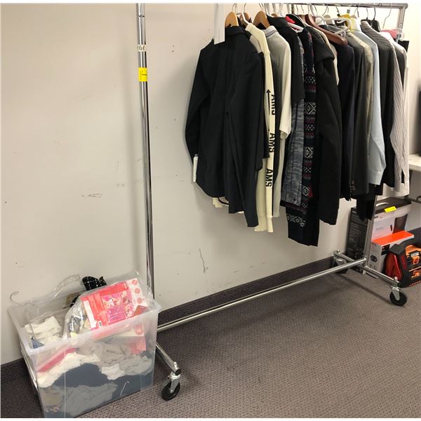 Rack & bin full of assorted clothes - includes jackets / sweaters / blazers etc