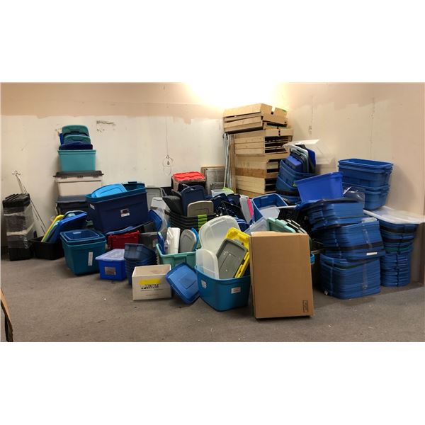 Large group of assorted storage bins, totes & misc