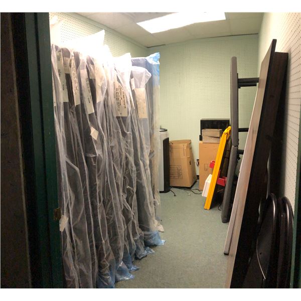 Room full of misc - includes Beck media cabinet / bed bases / tables / folding chairs / water dispen