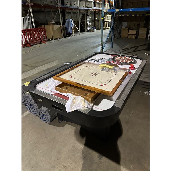 Large table hockey table approx. 78in long 40in wide, dart board and misc. game