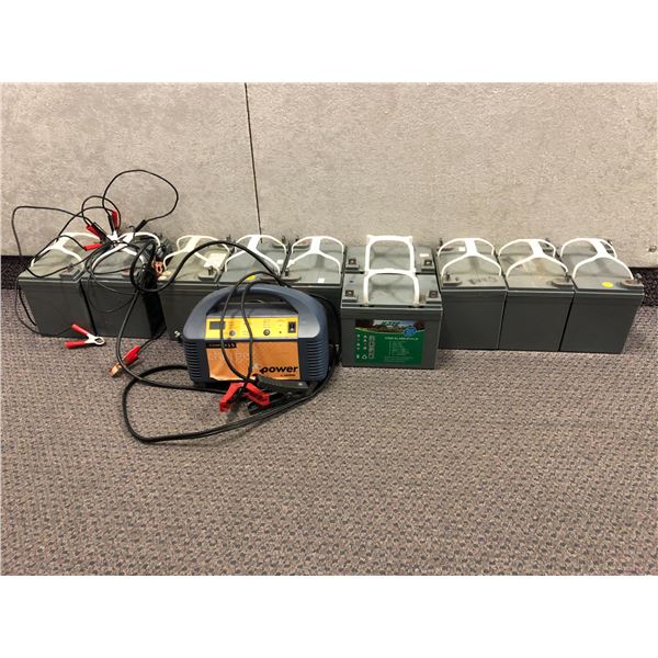 Group of 10 Haze electric vehicle AGM batteries & Xantrex battery charger 15