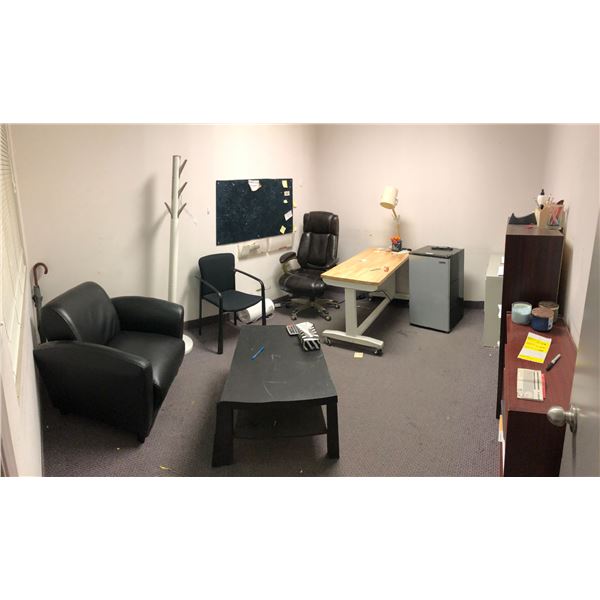 Room full of assorted - includes seating club chair / office desk & chair / Magic Chef mini fridge /
