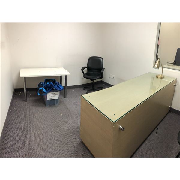 Room of assorted items - includes office desk w/ office chair / table & bin filled w/ misc bags &