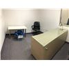 Image 1 : Room of assorted items - includes office desk w/ office chair / table & bin filled w/ misc bags &