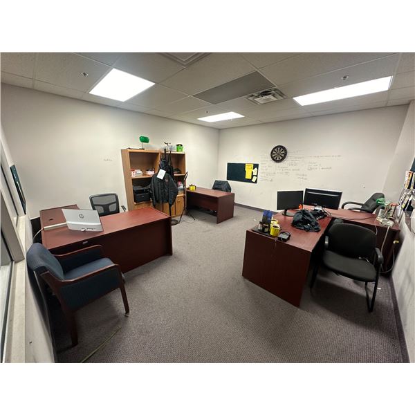 Room full of assorted office furniture & misc - includes office desks / office chairs / coat hanger