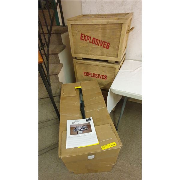 2 boxes of proxy missiles/bombs & 3 wooden boxes labeled 'explosives'