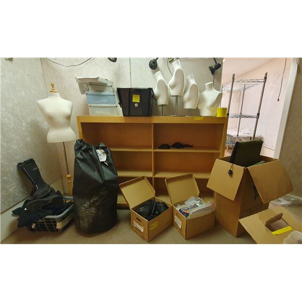 large group of misc. - includes mannequin, boots, uline shelving, protective gear and etc