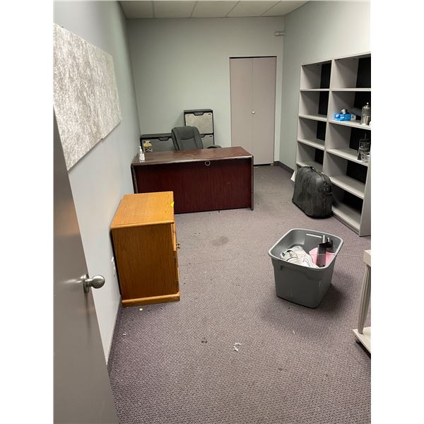 Room lot of misc. office furniture - includes shleves, desk, chair etc