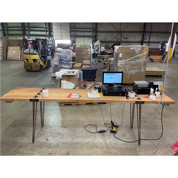 Large wooden table - 10ft long x 37inH x 24inW - bidder responsible for removal - contents not inclu