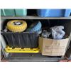 Image 3 : Large shelf lot of misc items including - shelf, stretch wrap, wheels, cleaning supplies, propane ta
