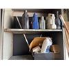Image 5 : Large shelf lot of misc items including - shelf, stretch wrap, wheels, cleaning supplies, propane ta