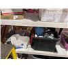 Image 10 : 2 Large shelves of misc items including - 2 shelfs, plastic wrap, tool boxes, tape, extension cords,