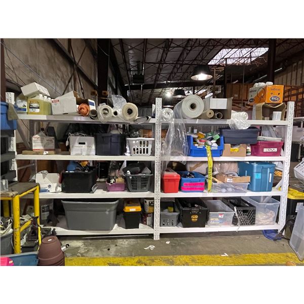 2 Large shelves of misc items including - 2 shelfs, plastic wrap, tool boxes, tape, extension cords,