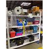 Image 2 : 2 Large shelves of misc items including - 2 shelfs, plastic wrap, tool boxes, tape, extension cords,