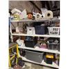 Image 3 : 2 Large shelves of misc items including - 2 shelfs, plastic wrap, tool boxes, tape, extension cords,