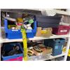 Image 4 : 2 Large shelves of misc items including - 2 shelfs, plastic wrap, tool boxes, tape, extension cords,