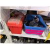 Image 7 : 2 Large shelves of misc items including - 2 shelfs, plastic wrap, tool boxes, tape, extension cords,