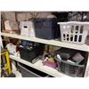 Image 8 : 2 Large shelves of misc items including - 2 shelfs, plastic wrap, tool boxes, tape, extension cords,